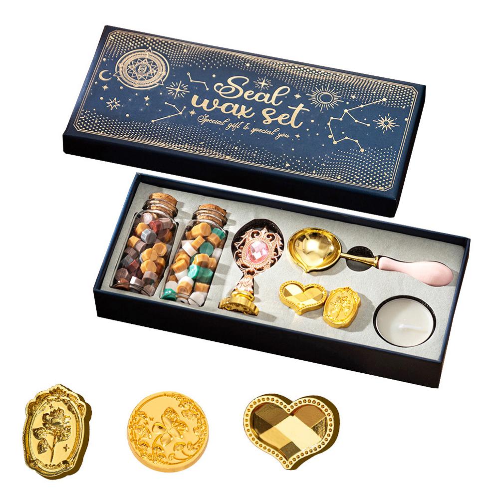 Wax Seal Stamp Kit with 3pcs Seal Stamp and Bottle of Wax Beads SpoonCandle for Christmas Vintage