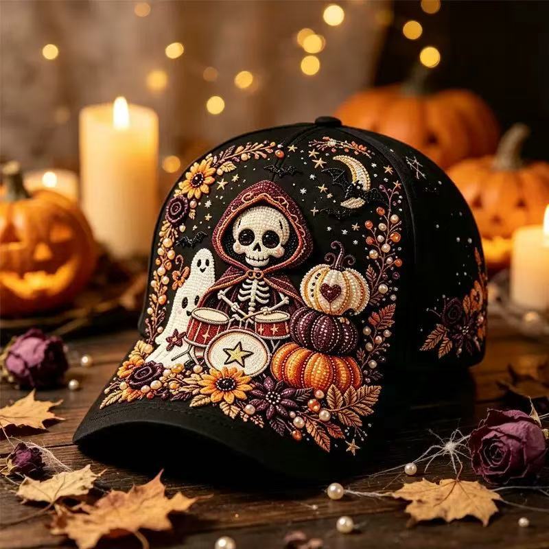 New Dark Pumpkin Big Brim Ghost 3D Printed Hat Vintage Gothic Halloween Baseball Cap