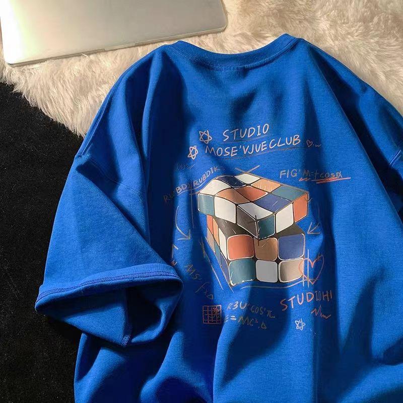 Футболка с короткими рукавами из хлопка для женщин Футболка с короткими рукавами из хлопка с принтом кубика Рубика, свободная, с короткими рукавами, летняя