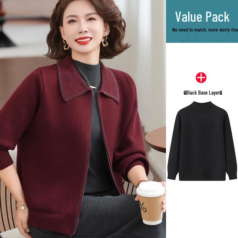 Plus Velvet Lapel Knit Top for Middle-Aged & Elderly Women - Autumn/Winter Warm Casual Jacket