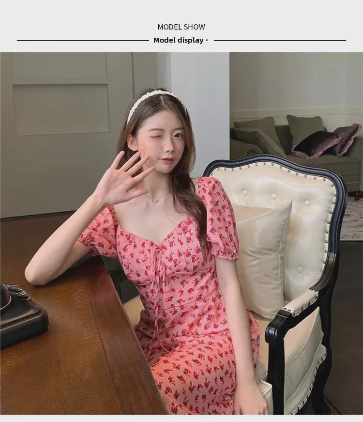 Plus-Size French Floral Chiffon Dress: Summer Puff Sleeve Waist Fairy Skirt