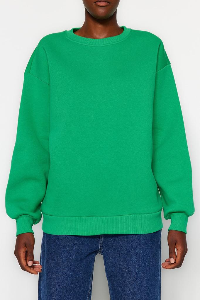 Женская модная стильная толстовка зеленого цвета оверсайз удобного кроя базового кроя с круглым вырезом толстая флисовая вязаная толстовка