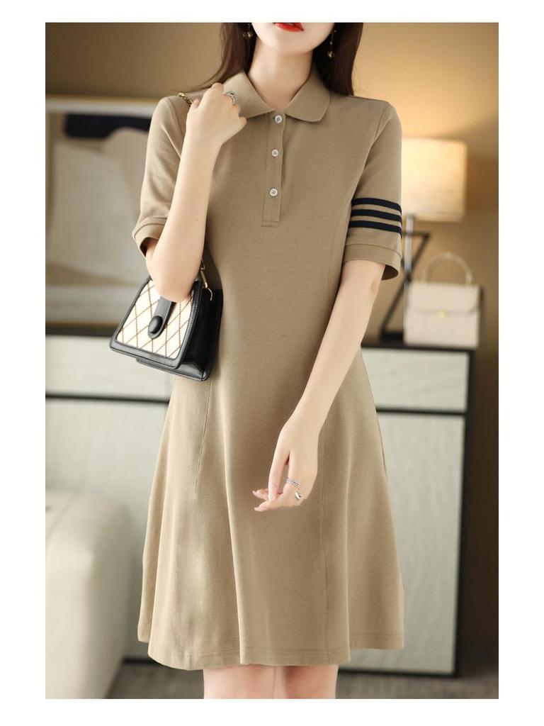 2025 Women's Summer Polo Collar Slimming Mid-Length Color Block Dress with Big Swing Cotton Skirt