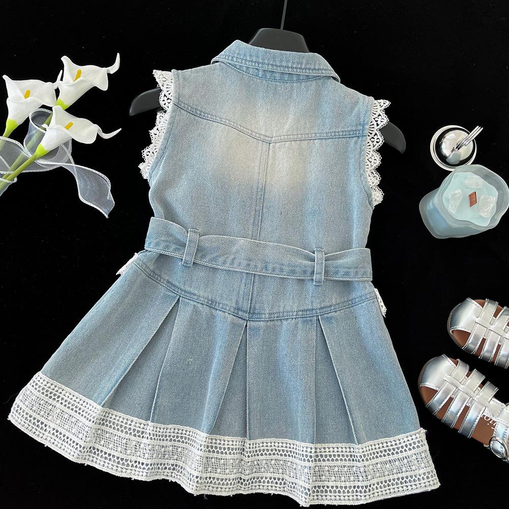 Girls Sleeveless Denim Dress Summer Fashionable Lace Trim Toddler Vest Dress Kids Casual Outfit