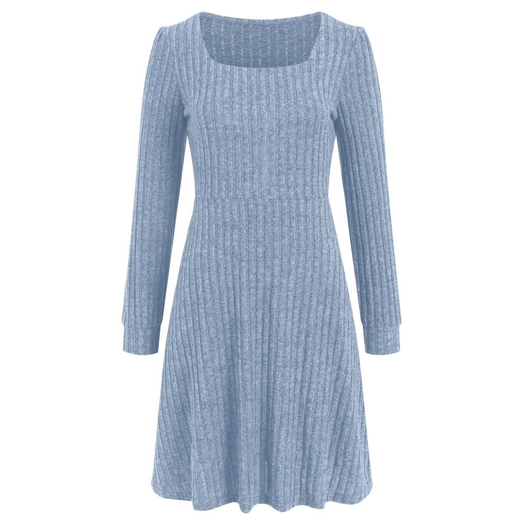 Женское трикотажное платье с длинными рукавами и карманами, квадратный вырез, облегающие платья, однотонное трикотажное элегантное платье для женщин