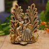 Peacock Design Radha Krishna Idol Showpiece with Diya for Puja and Home Decor (8 X 6 Inches), Metal, Gold (1 Piece)