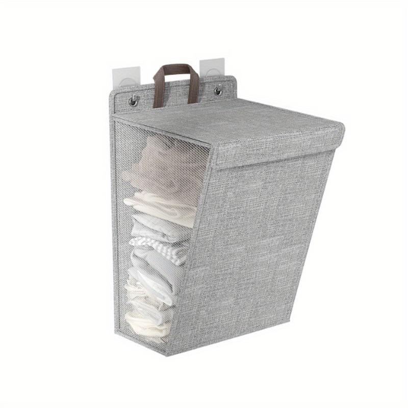 1pc Foldable Adhesive Laundry Basket Hamper, Multifunctional Punch Free Wall Hanging Washing Clothes Mesh Hook Organizer