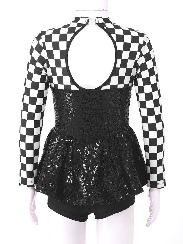 Kids Girls Racer Costume Long Sleeve Sequin Bowknot Keyhole Back Bodysuit for Halloween Cosplay Dress Up Performance