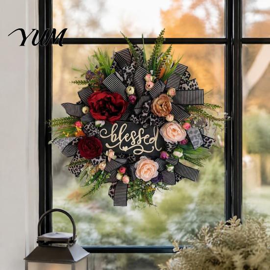 Fall Front Door Decor Leopard Print Wreath for Door, Artificial Floral with Harvest Seasonal Garland Blessed Sign, Faux Peony Flower Wall Hanging