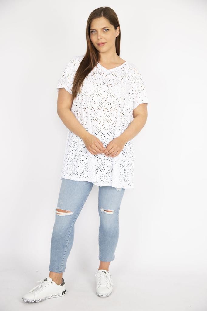 Женская блузка большого размера, белая блузка больших размеров из перфорированной ткани с v-образным вырезом и короткими рукавами