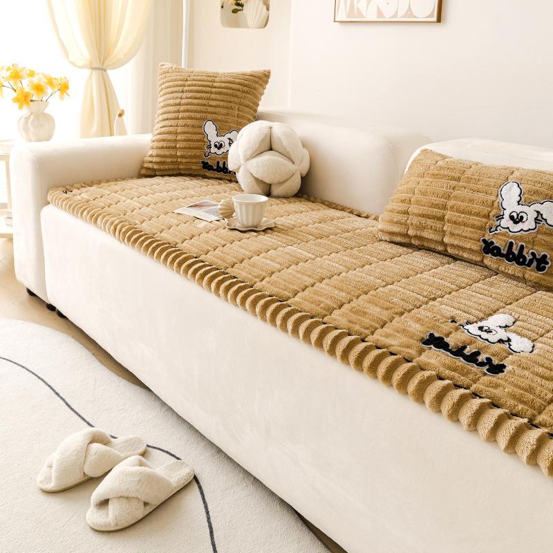 New Thickened Warm Sofa Cover Cloth Fixed Anti Slip Straight Row Sofa Cushion Cover For Autumn And Winter Season Cream Style