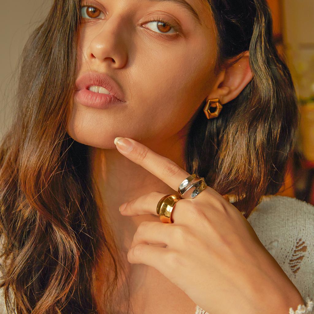 Youthway Tarnish Free Stainless Steel Geometric Cool Concave Convex Ring Women'S Personalized Fashion Jewelry Gift