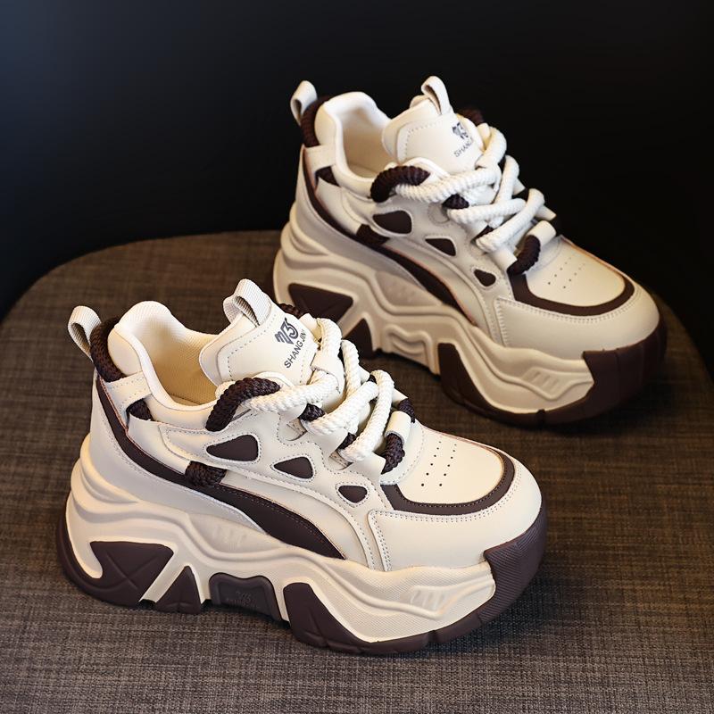 Кожаные туфли на платформе-маффине, папины кроссовки, женские, осенние, новинка, с круглым носком, на шнуровке, с скрытым каблуком, женская обувь, универсальные спортивные туфли