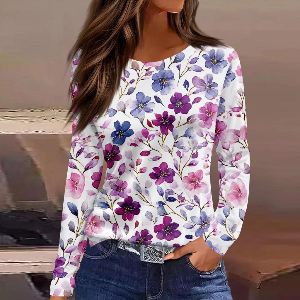 Women's Fashion Casual Slit Hem Round Neck Long Sleeve Loose Printed T-Shirt Ladies Top