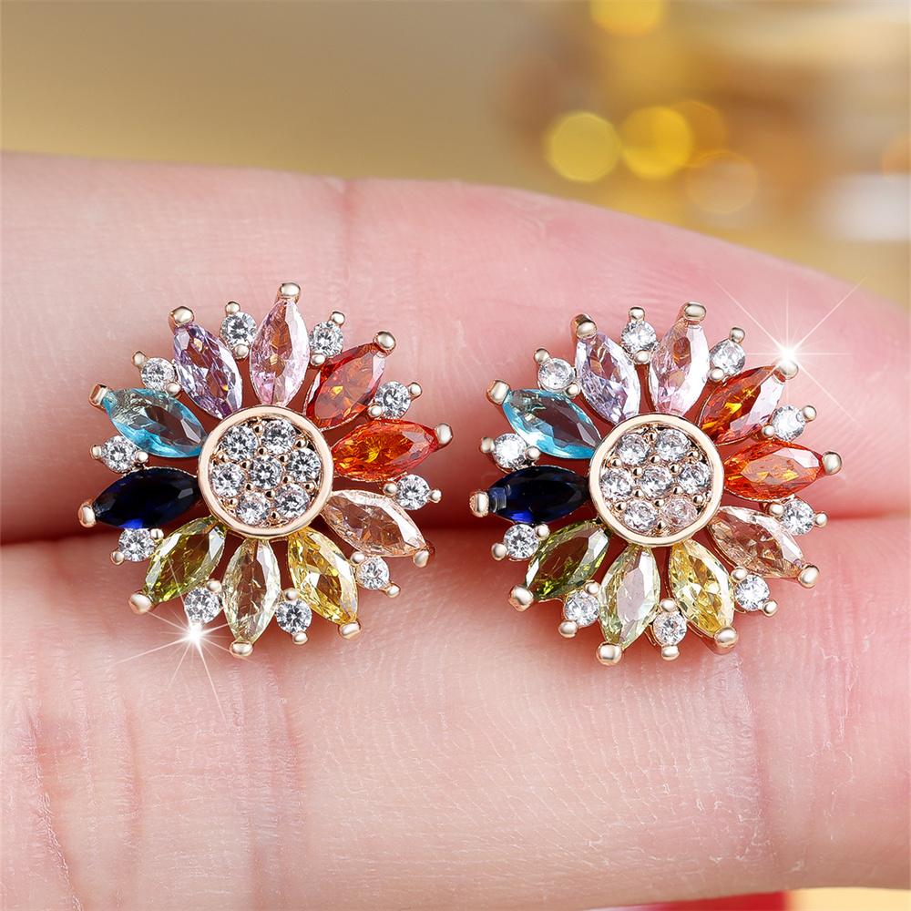 Серьги-пусеты Marquise Stone Multicolor Crystal Sun Flower для женщин, винтажные, золотистого цвета, свадебные, украшения на День святого Валентина