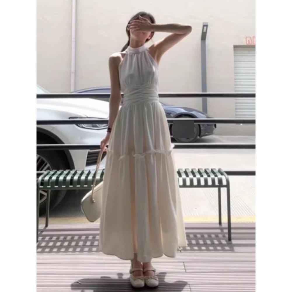 Детское летнее платье без рукавов на бретелях через шею, в новом стиле для морского отдыха, с завышенной талией, тонкое, с французским темпераментом, длинное