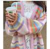 Lazy Wind Rainbow Stripes Knitted Cardigan Female Autumn Loose Color Clash Sweater Jacket Female Comfortable Versatile and Fashionable