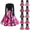 Women's Vintage Classic Dress Long Sleeve Valentine's Day Print Round Neck Swing Dress