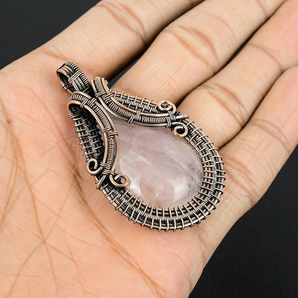 Rose Quartz Jewelry, 999 Copper Wire Wrapped Pendant Handmade Gemstone Jewelry, Gifts For Wife Brand New Pendant