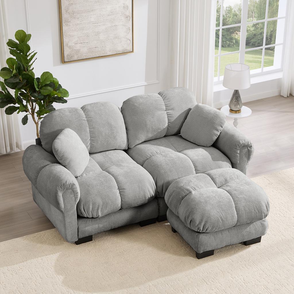 2-Seater Chenille Sofa, L-Shaped Modular Corner, Quilted Design, Thick Seat Cushions, with Mobile Ottoman, Easy to Assemble, Light Gray