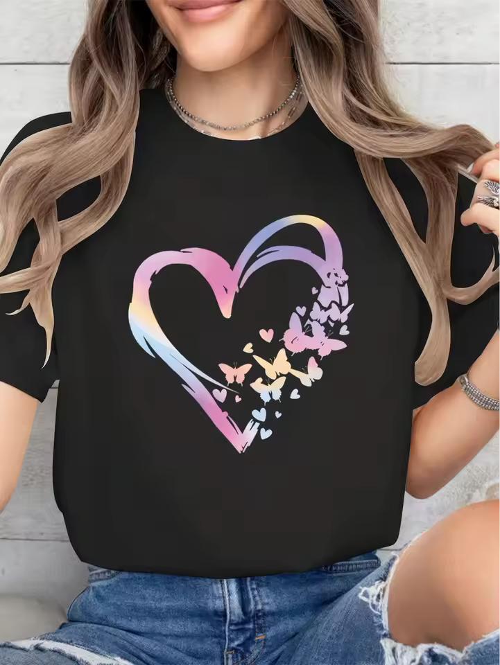 2026 Heart Print Casual Crew Neck Short Sleeve Comfort Tee Top Spring Summer Women's Clothing Harajuku Short Sleeve Casual