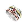 925 Sterling Silver Red Garnet Gemstone Handmade Designer Three Tone Spinner Band Unisex Ring Jewelry