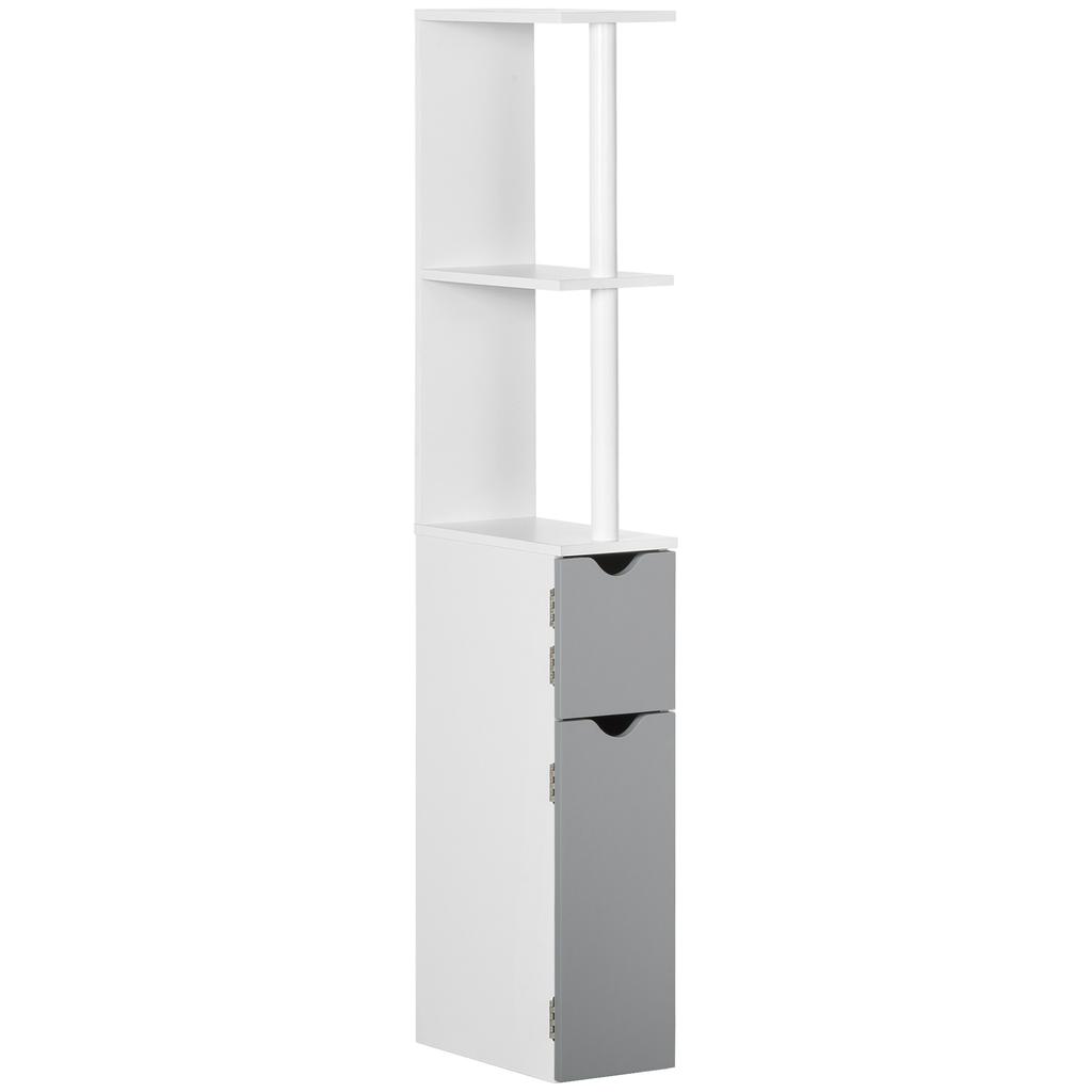 Bathroom Column with 2 Shelves and 2 Cabinets, Wooden, 15.2x29.8x118 cm, White and Grey