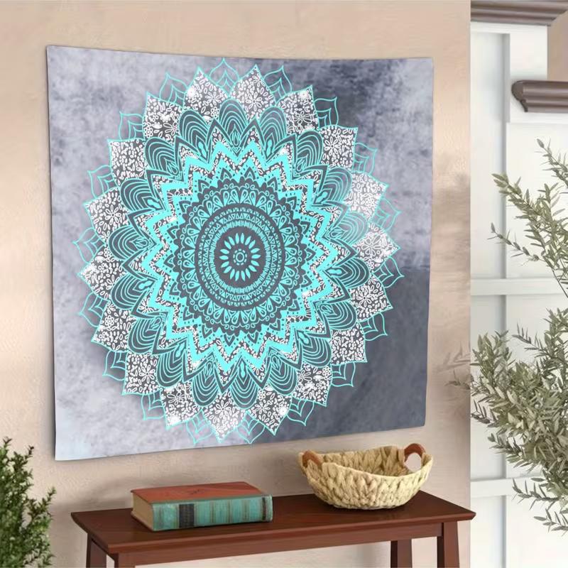 Эстетичный 2D Гобелен Мандала, Серый Тай-дай и Бирюзовый Цветочный Фон