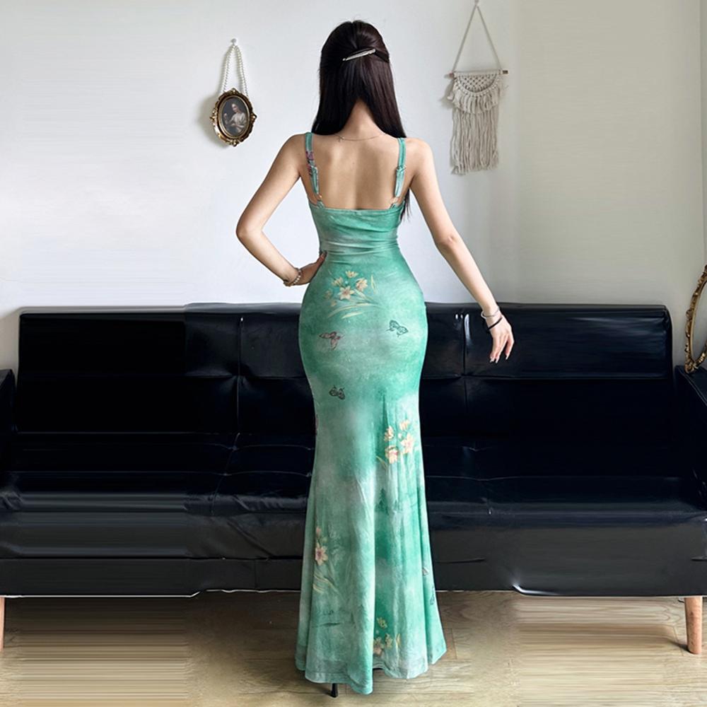 Французская Spice Girl Весенний карман на груди Воротник Талия Облегающая Юбка Годе Длинная юбка Мори Размытый принт бабочки Сетчатый сарафан