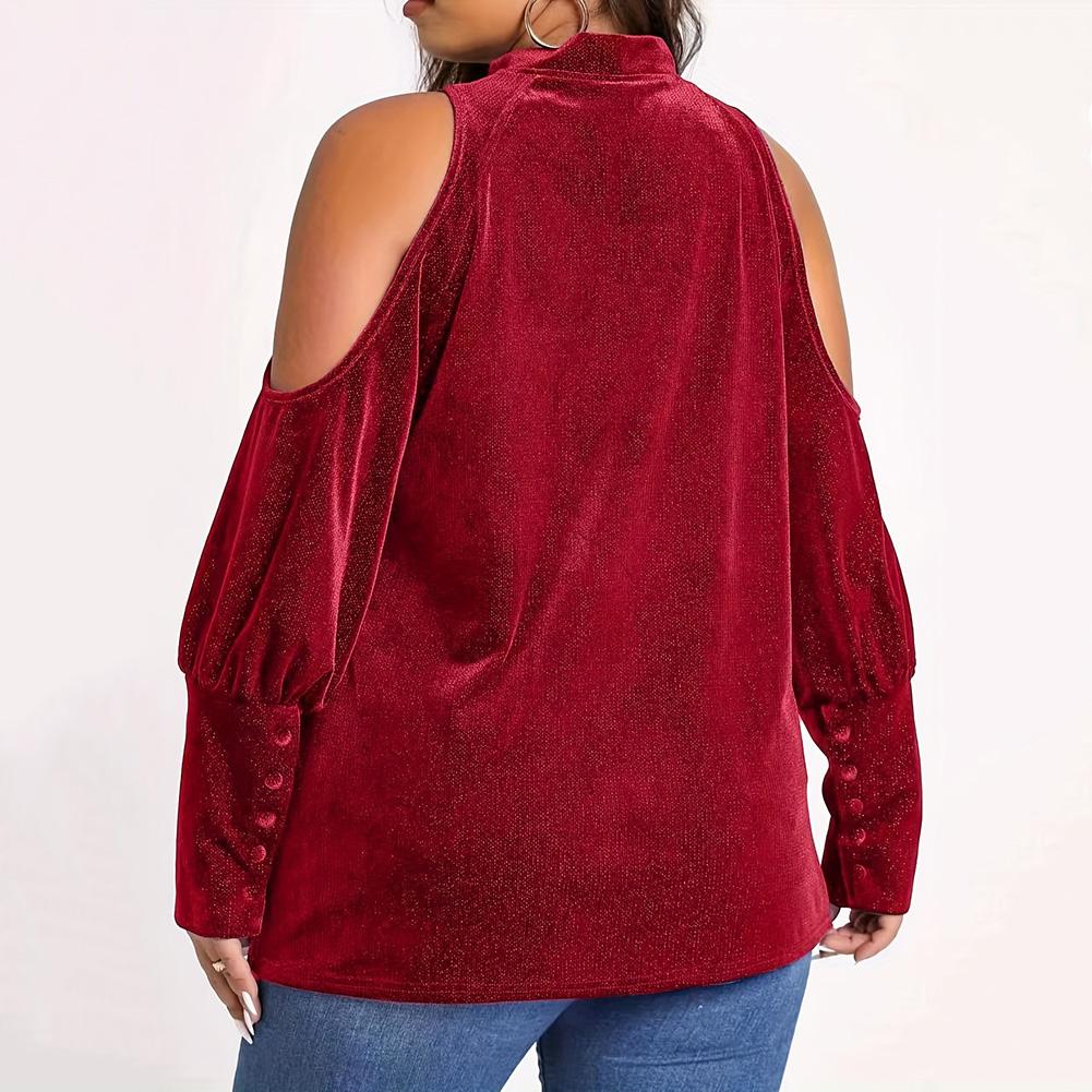 Womens Sexy Plus Size Blouse Velour Cutout Shoulder Shirt V Neck Long Sleeve Pullover Tops