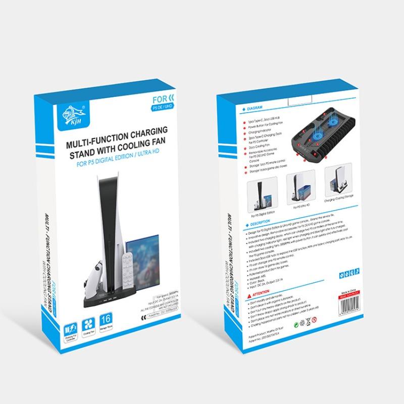 Vertical Stand Cooling Fan System Dual Controller Charging Station Docks with LED Indicator and 2 Port USB Hub for PS5 Game Slots