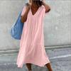 Summer Short Sleeve V Neck Loose Women Dress Elegant Fashion Solid Color Casual Simple A-line Party Long Dress Basic Women's Clothing