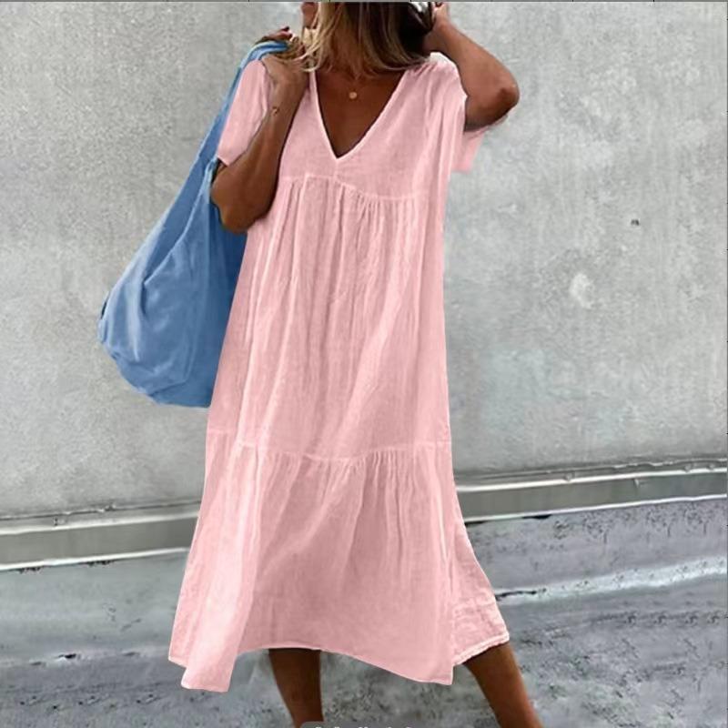 Summer Short Sleeve V Neck Loose Women Dress Elegant Fashion Solid Color Casual Simple A-line Party Long Dress Basic Women's Clothing