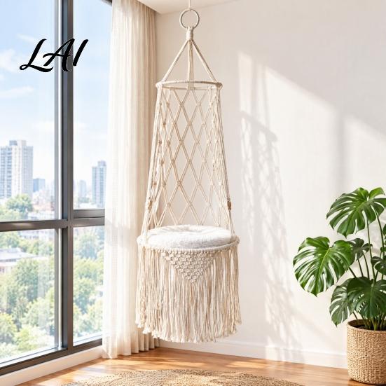 Hanging Cat Bed Boho Bed Hammock Handwoven Swing Basket with for Cats Removable Plush Cushion Cozy Indoor Home Decor Sleeping
