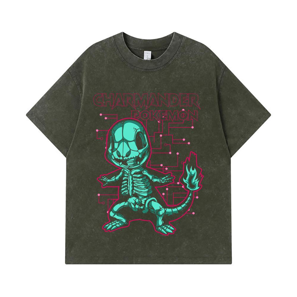 275 GSM Washed T-shirts 100% Cotton Pokemon V12 Charmander Print Unisex Heavy Cotton T Shirt