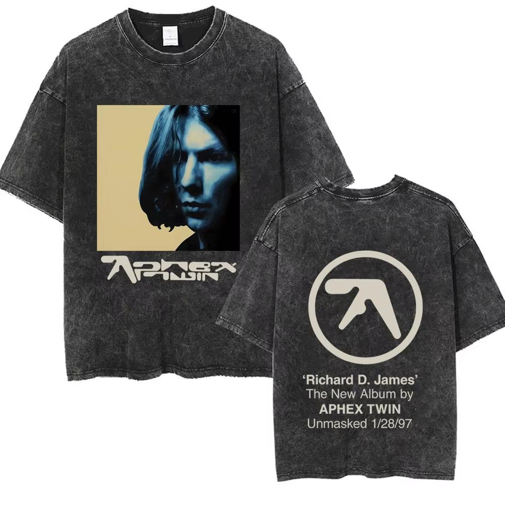 Aphex Twin Washed Винтажная Футболка Мужская Женская Модная Повседневная Оверсайз Футболка с Короткой Рукавой Мужская Хлопок Ретро Футболка