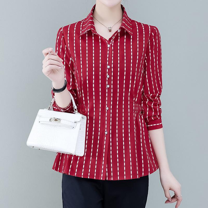 YYFS Женские модные повседневные весенне-осенние рубашки-поло с длинным рукавом и принтом в полоску, блузки и рубашки