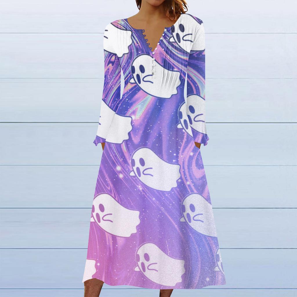 Women's Halloween Printed Round Neck Long Sleeved Dress, Party Casual Dress