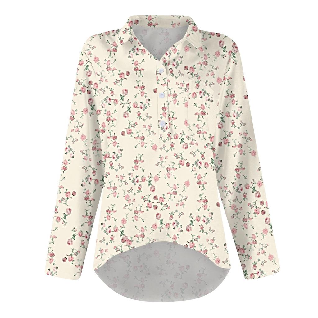 Женская рубашка-блузка с длинными рукавами и принтом на пуговицах, повседневный подол, нестандартный воротник рубашки