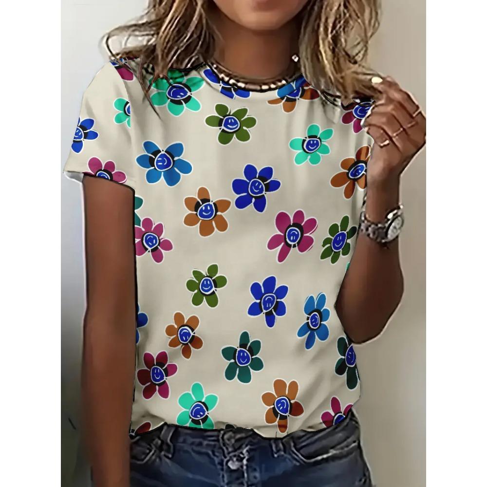 Богемный стиль Красочные цветы Женские футболки Новые летние пляжные повседневные топы для вечеринок Футболки для девочек Милая футболка с коротким рукавом для леди
