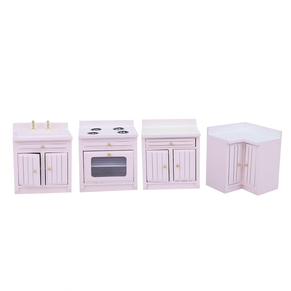 1 : 12 Mini Wooden Dollhouse Integral Kitchen Furniture Miniature Handcraft House PinkKitchen Unit