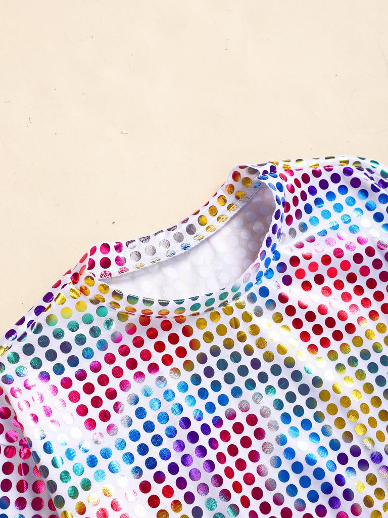 Boys Girls Stage Performance Top Long Sleeve Round Neck Glitter Sequins Solid Color Shirt for Dance Events