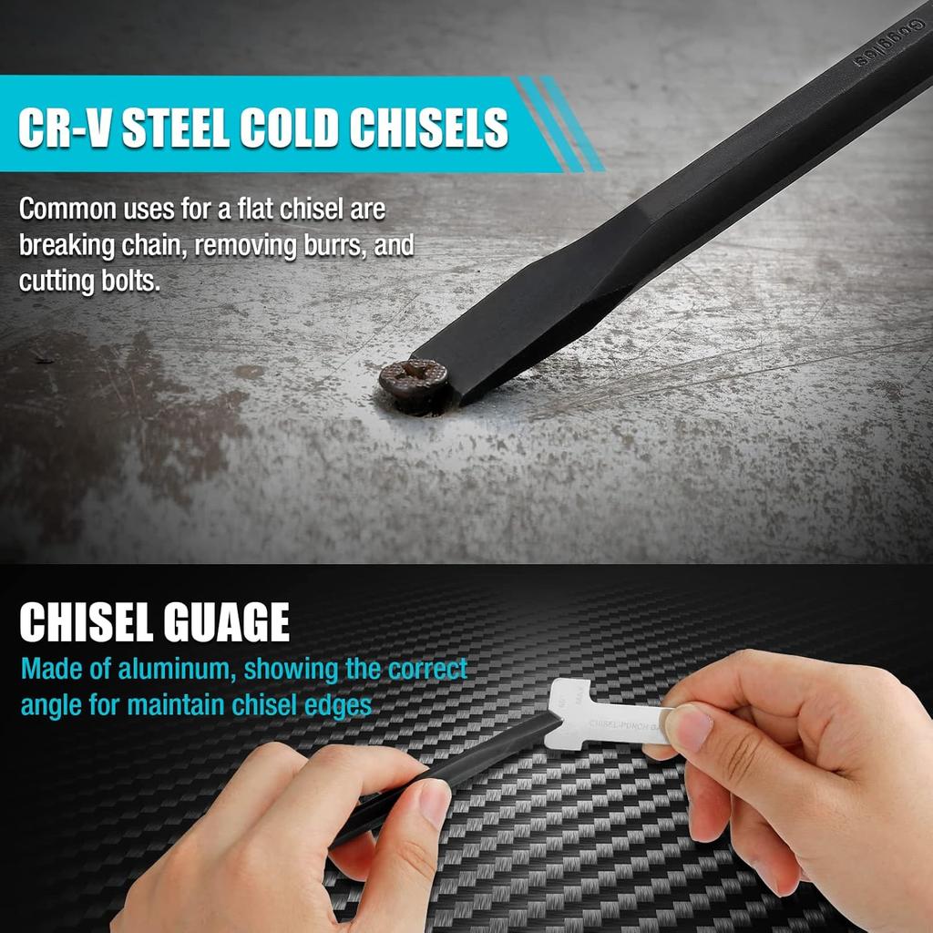 Набор из 18 предметов: пробойники и зубила со сворачивающимся чехлом – штифтовые, центровочные, гвоздевые, разметочные инструменты, холодное зубило, калибр