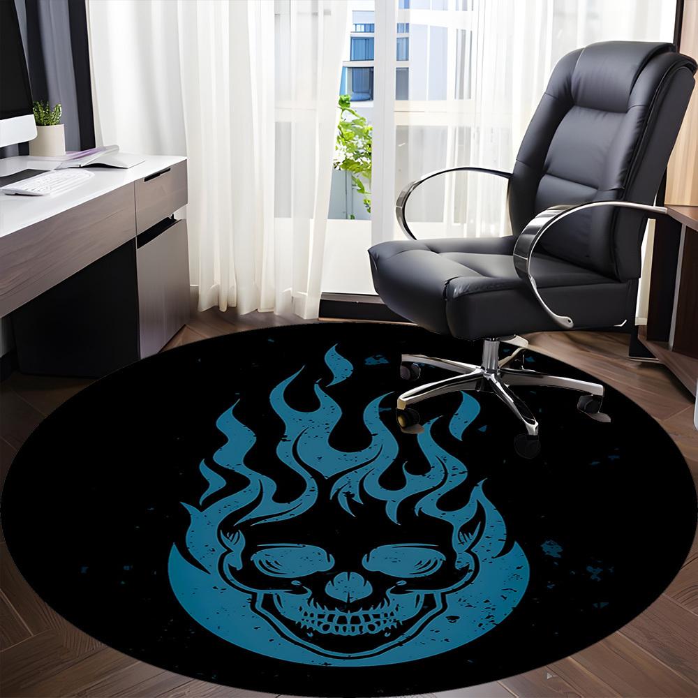 1pc Flame Skull Office Round Area Rug, Indoor Mat Suitable For Office, Under Office Chairs Bedroom Living Room Home Decor, Room Deco 040