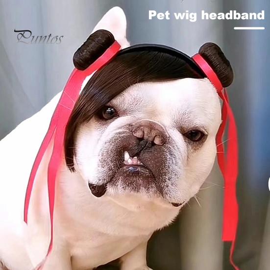 Парик для собаки Обрезаемая повязка на голову Стиль украшения для домашних животных с красной лентой Простота в использовании Забавный забавный моющийся аксессуар для костюма ручной работы для владельцев собак Маленький