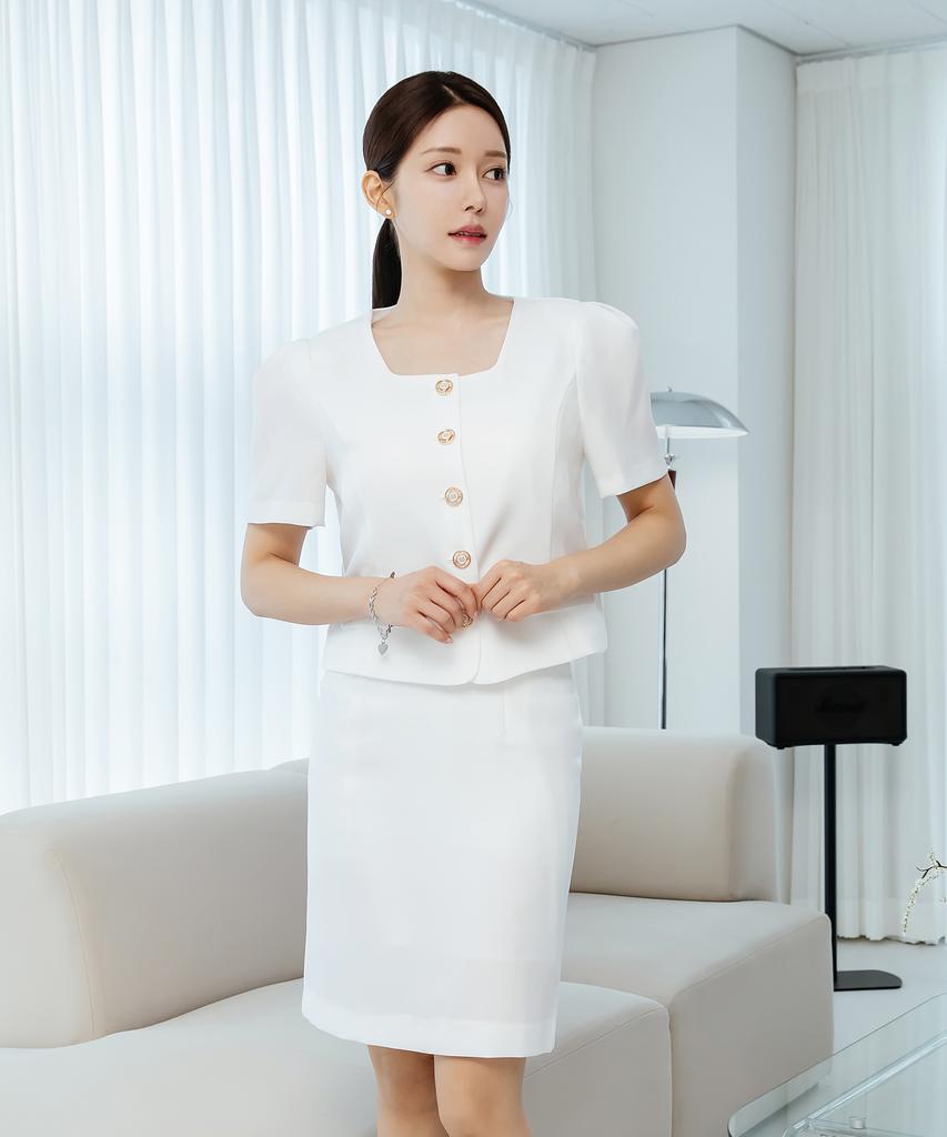 SALON DE SEOUL Puff Shoulder Square Neck Short Sleeve Jacket & H-Line Mini Skirt [ White / Black ]