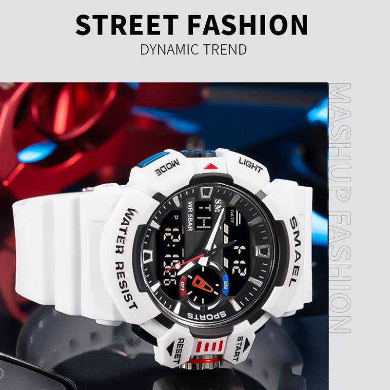 SMAEL Военные часы для мужчин, водонепроницаемые часы 50 м, цифровые наручные часы со светящимися стрелками, черный золотой резиновый браслет, 8043, спортивные часы