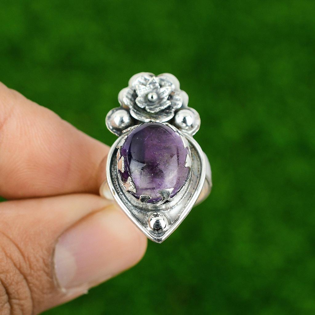 Multi Stone Flower Adjustable Ring 925 Silver Natural Star Amethyst
