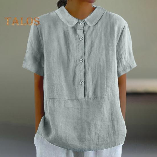 Женская повседневная рубашка с кукольным воротником и пуговицами, рубашка с коротким рукавом и однобортной однобортной однотонной рубашкой свободного покроя