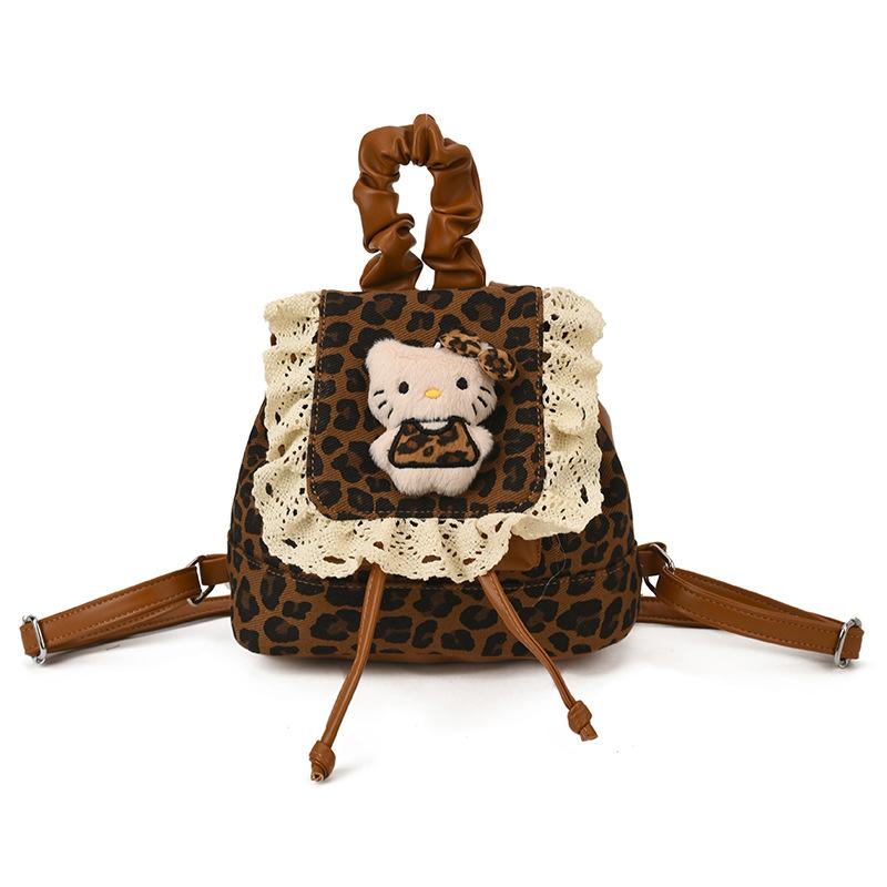 Girls Backpack Retro Leopard Print Boys And Girls Small Schoolbag Sweet Lace Cute Kitten Children'S Backpack